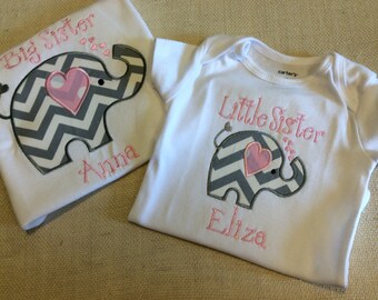 Big Sister Little Sister Elephant Sibling Shirt Set