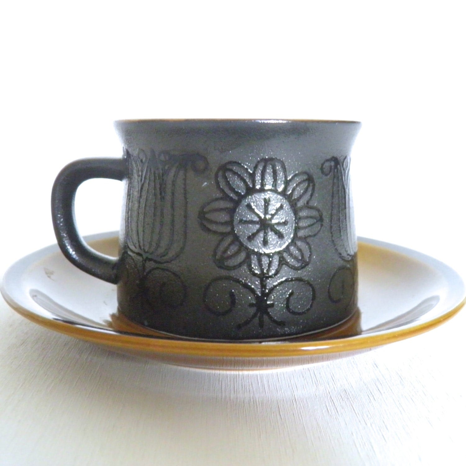 Vintage Japanese Set of 2 large coffee mugs & saucers, Retro, floral