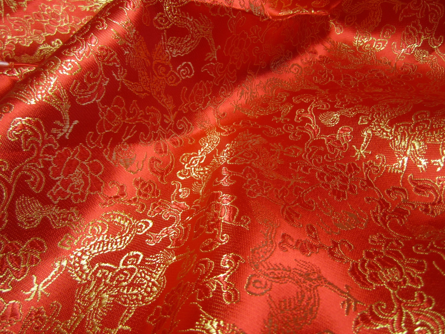 Chinese brocade fabric in bright red with golden by TintinBeads