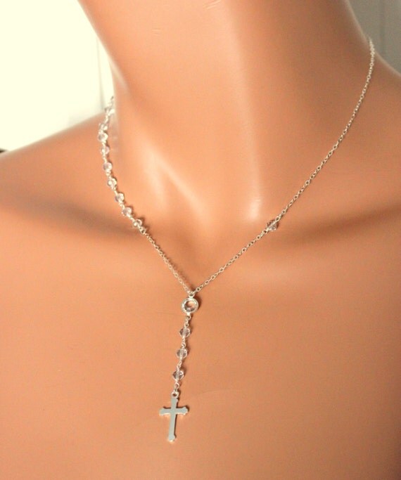 Sterling Silver Rosary Necklace Swarvovsi Crystal Cross