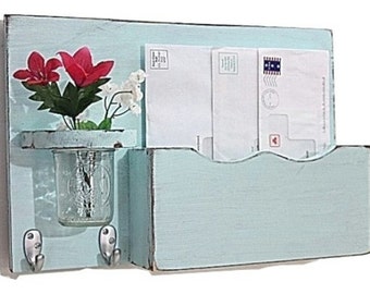 Mail organizer, floral vase, key hooks, mail holder, vintage, sconce, wood, distressed, shabby chic, home decor,painted Baby Blue