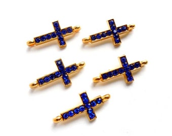 5 Gold Plated Blue Rhinestone Sideways Cross Connector/Charms - 2-C-1
