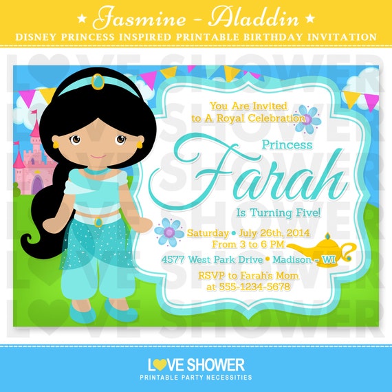 Princess Jasmine Aladdin Inspired Birthday Invitation 5x7