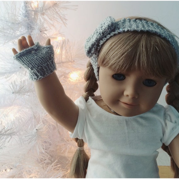 American Girl 18" Doll Grey Sparkle Bow Ear Warmer and Fingerless Gloves