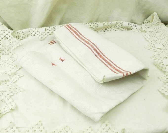 Large Antique French Linen Tea Towel with Woven Red Stripes and a 2 Small Red Cross Stitch Monogram A L / French Country Kitchen Decor