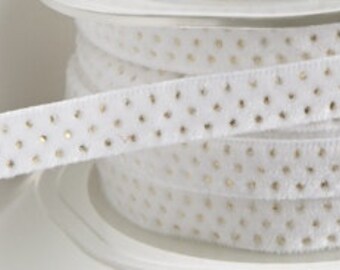 WHITE & GOLD Dots Velvet Sparkly 3/8" Ribbon