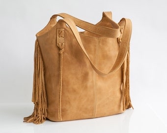 Camel Leather Bag - Large Bag - Fringe Leather bag - Soft leather bag - Travel Bag - Women leather tote bag