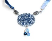 Filigree Ribbon Choker in Shades of Blue with Dangling Beads, Adjustable Filigree Ribbon Choker in Shades of Blue with Dangling Beads, Adjustable