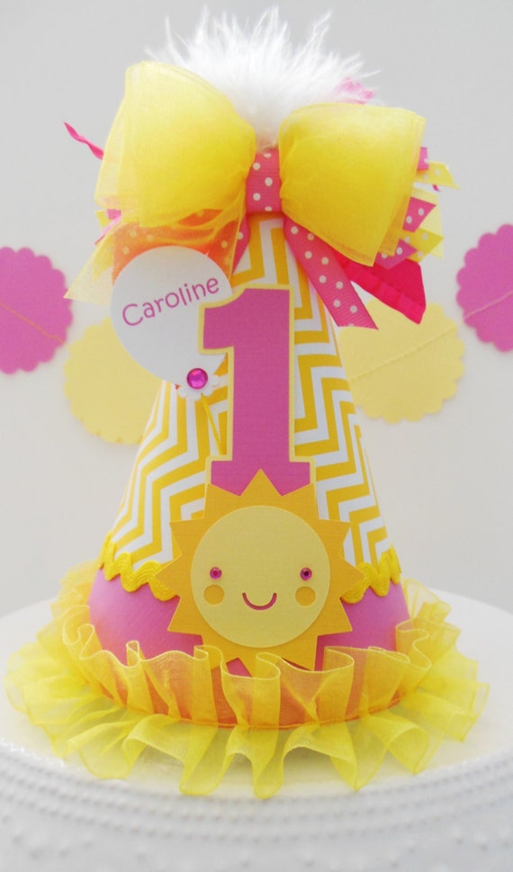 Candy Pink Sunshine Girl - Pink and Yellow Chevron - You Are My Sunshine Birthday Party Hat - Personalized Il_570xn