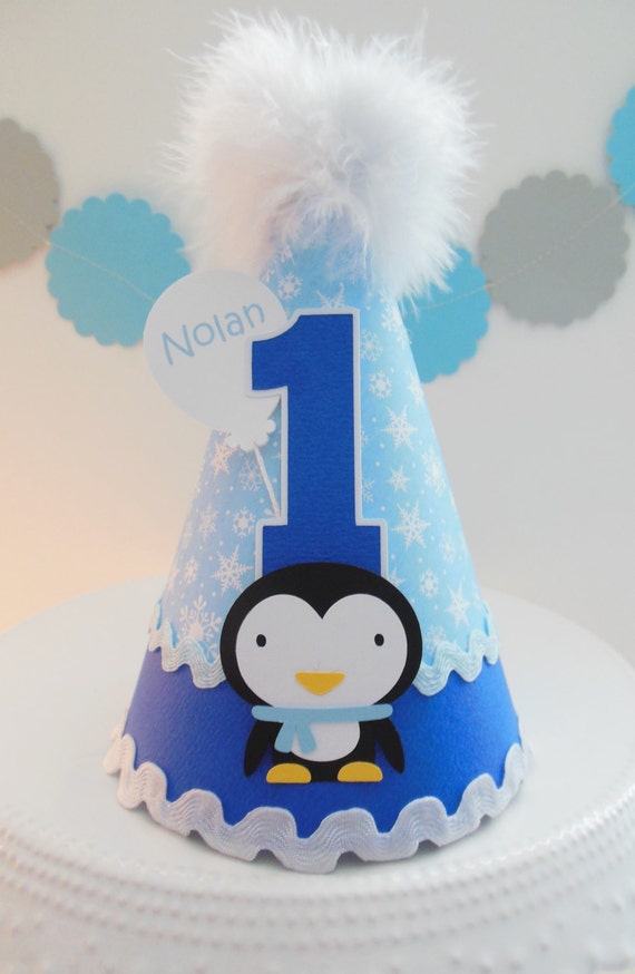 blue pom trim pom Blue Royal Lil' Onederland Blue  Hat Birthday Party Penguin  Winter