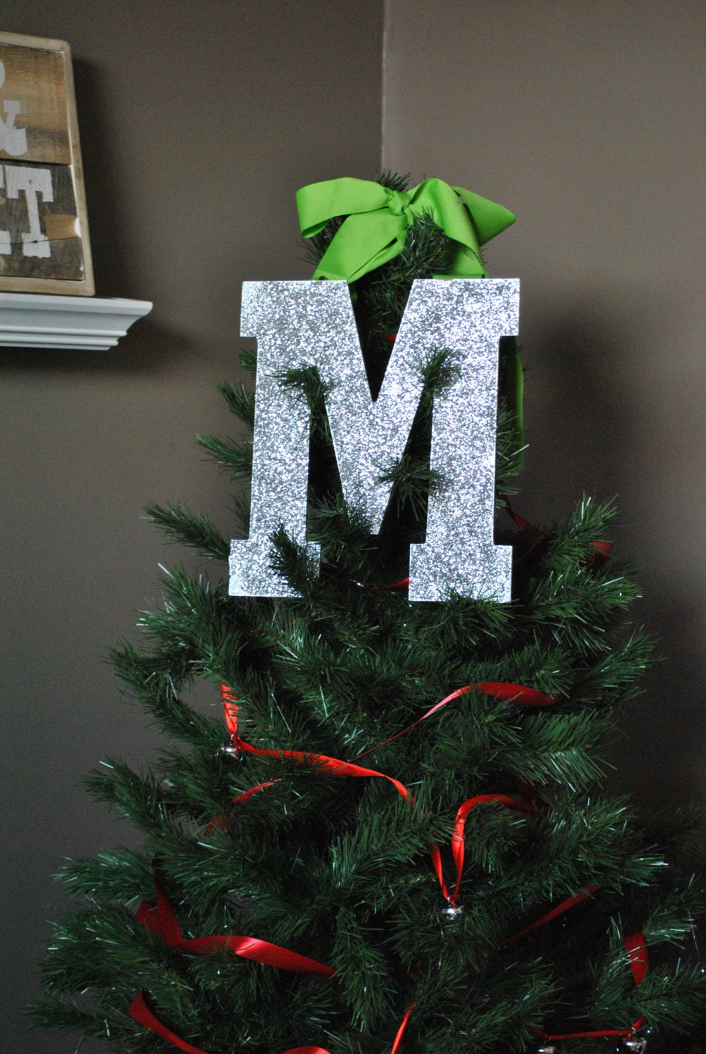 Decorative 13" Silver Monogram Christmas Tree Topper, Letter Wreath, Initial, Wedding Decor, Holiday Decor, Front Door Letter,