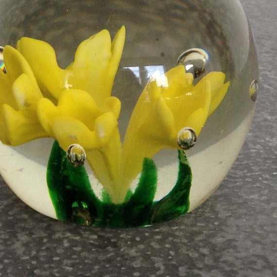 Vintage Blown Glass Paperweight Yellow Flower Glass