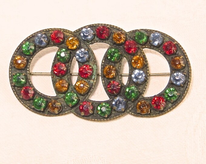 Rhinestone Brooch, Multicolor Stones Red Green Blue Yellow, 1950s Triple Circle Pin CLEARANCE