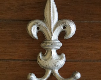 Cast Iron Fleur De Lis Dual Wall Hook /Shabby Chic Hook/Silver or Pick your Color/Distressed Hook/Metal Hook