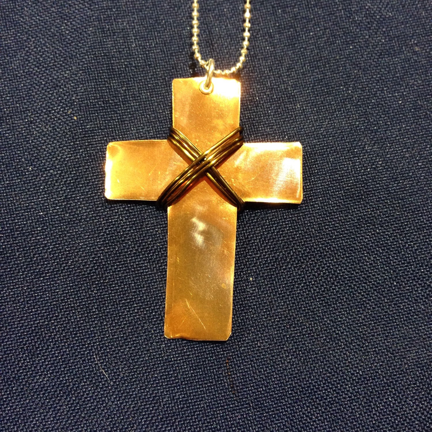 Metal Cross Necklace Brass with Wire Wrap