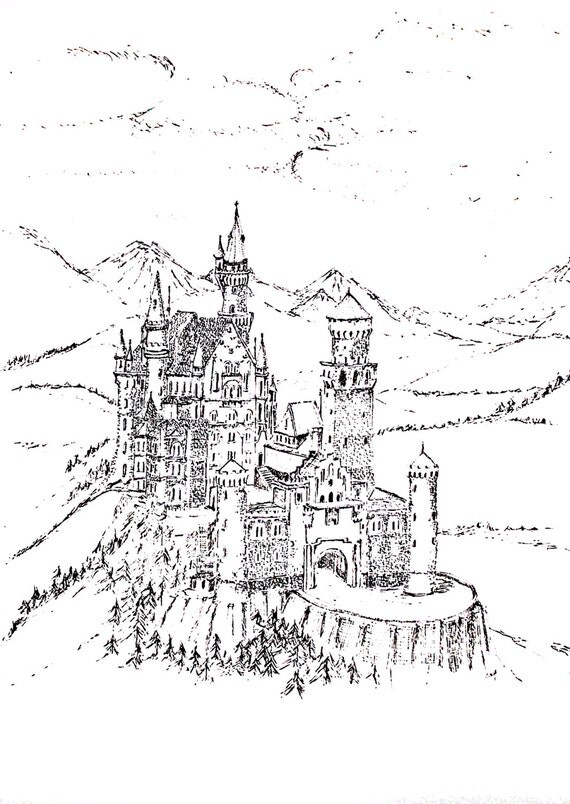 Neuschwanstein Castle pen and Ink original drawing