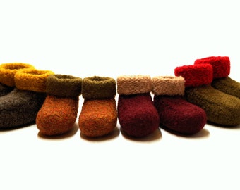 Felted Baby Booties: Hand Knit and Felted Fold Over Cuff Soft Soled Wool Baby Shoes, Modern Two Tone Natural Baby Shoes - Ready To Ship