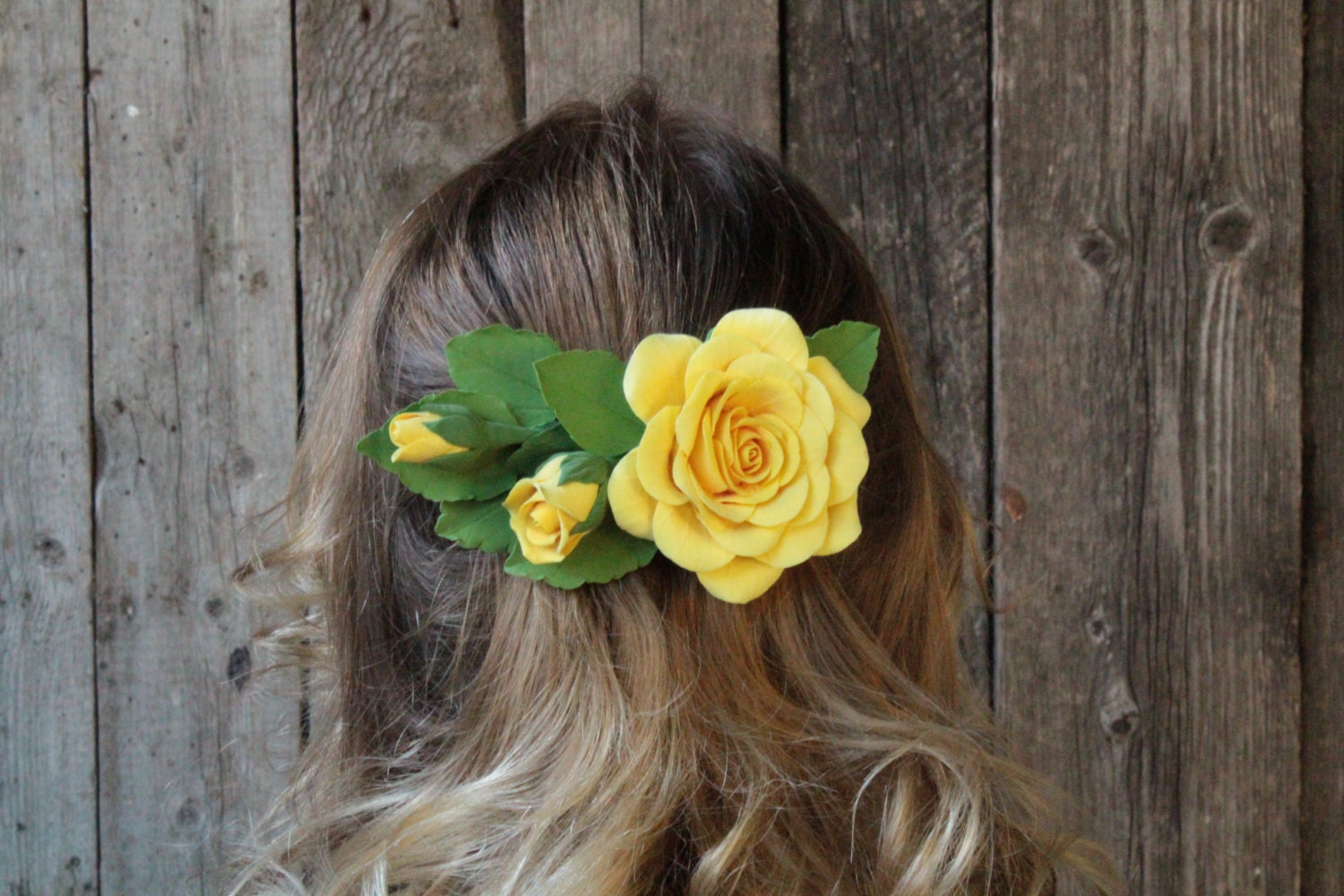 Hair barrette polymer clay flower. Yellow rose with buds.