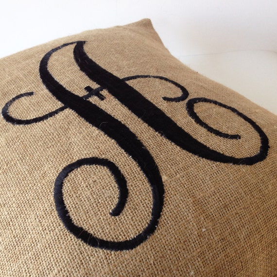 Monogram Pillow Natural Burlap Initial Pillow Embroidered