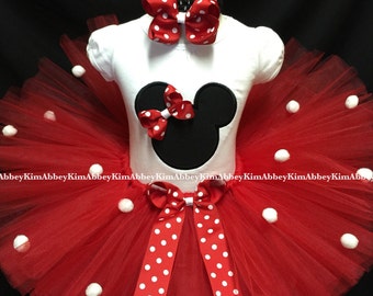 Minnie mouse tutu set silhouette red Bow pompoms