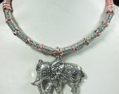 artisan jewelry handcrafted, Vintage Elephant Pendant Silver, Statement Necklace, pink braided cord, holiday gift