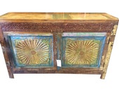 Antique Chakra Carved Sideboard Reclaimed Blue Yellow patina Furniture - Indi Boho Chest Buffet