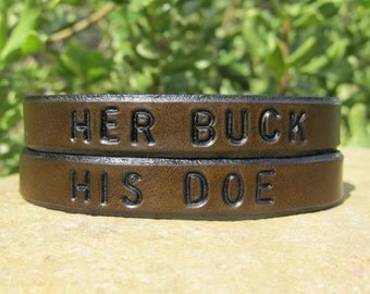 Her buck his doe leather bracelet set - Set of Two - Wrap Bracelet - Couples - 1/2 inch wide - Custom Quote - Mens Women Wedding Anniversary