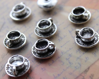 10 Coffee Cup and Tray Charms Cup Pendants Antiqued Silver Tone 3D 14 x 7 mm