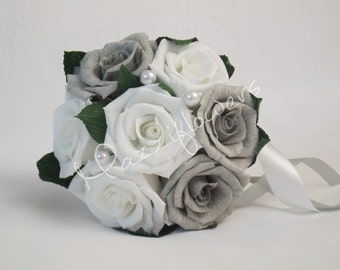 Wedding bouquet, bridal bouquet, bridesmaid bouquet,bridal paper flower,paper flower bouquet,gray and white roses,