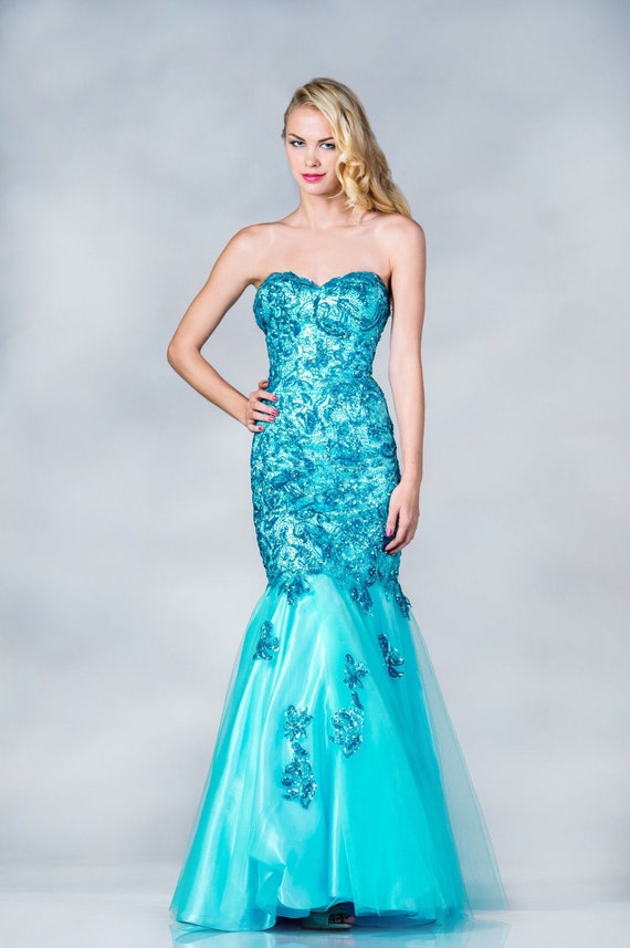Aqua Long Mermaid Sexy Sequin Beaded Tulle by TheDressOutlets