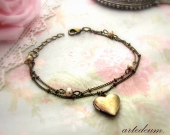 Heart Locket Bracelet with champagne pearls and double stranded adjustable chain vintage in Antique Bronze fine cuff