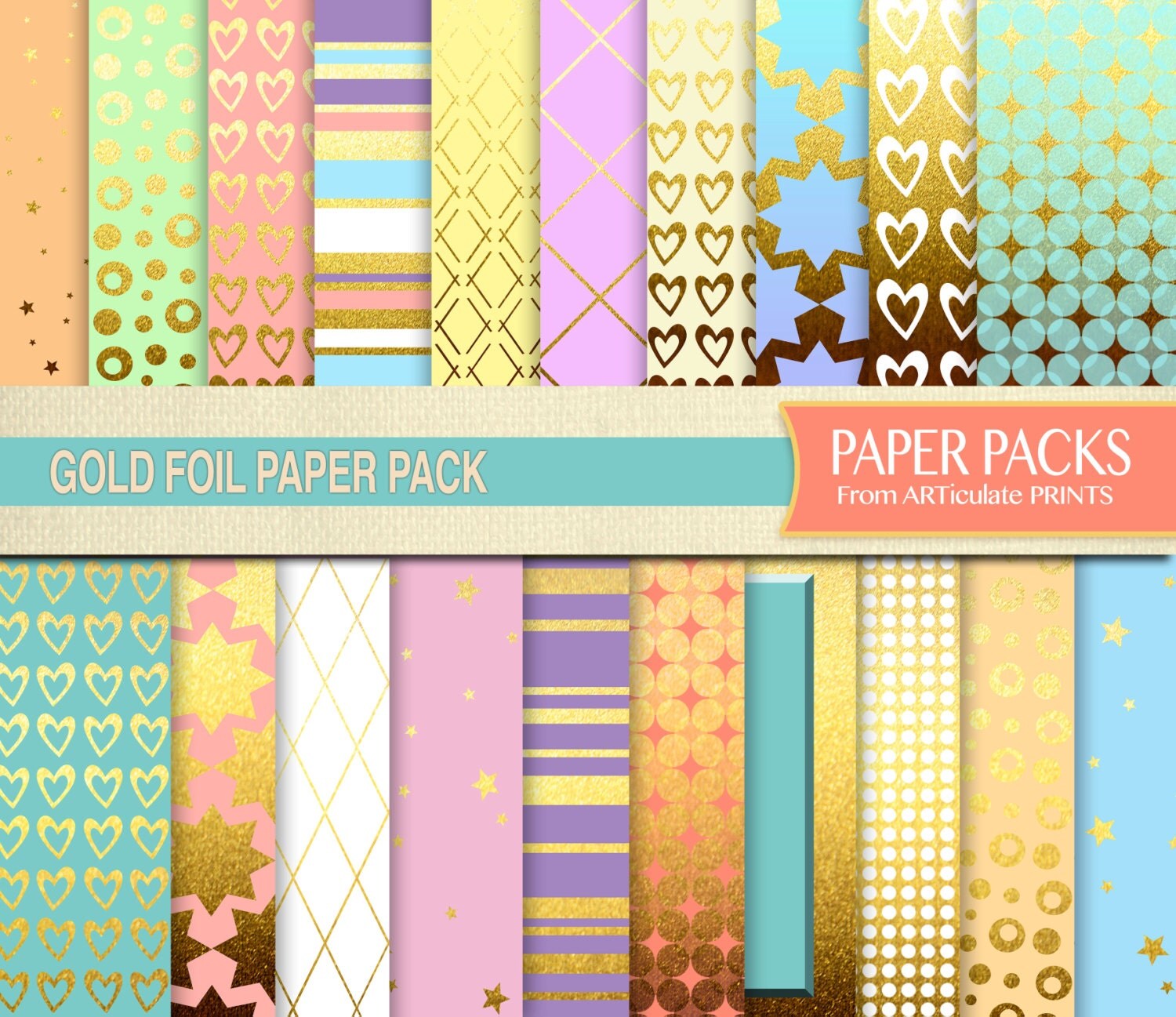 Gold Foil Metallic Digital Scrapbook Paper Pack Instant