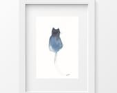 Cat Watercolor Print, Ombre Cat, Black, Navy Blue and White, Watercolor Painting, Art Print 5x7