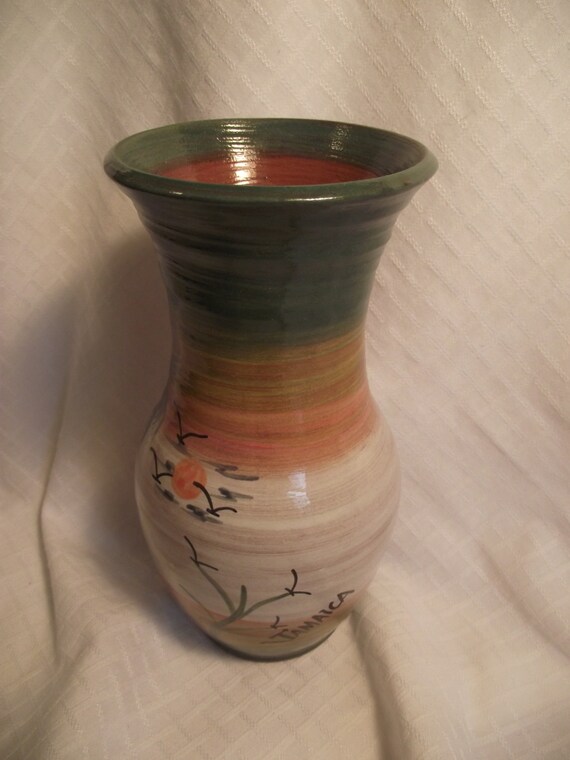 JAMAICAN POTTERY Vase Green Orange Cream VaseVintage