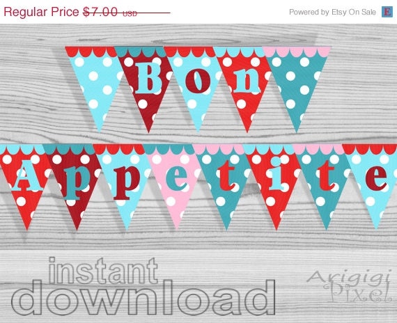 ON SALE 70 % OFF Bon Appetite Kitchen Banner, Polka Dot, Bbq Pennant, Printable, red, blue, Diy Party Decoration, Pdf file Il_570xn