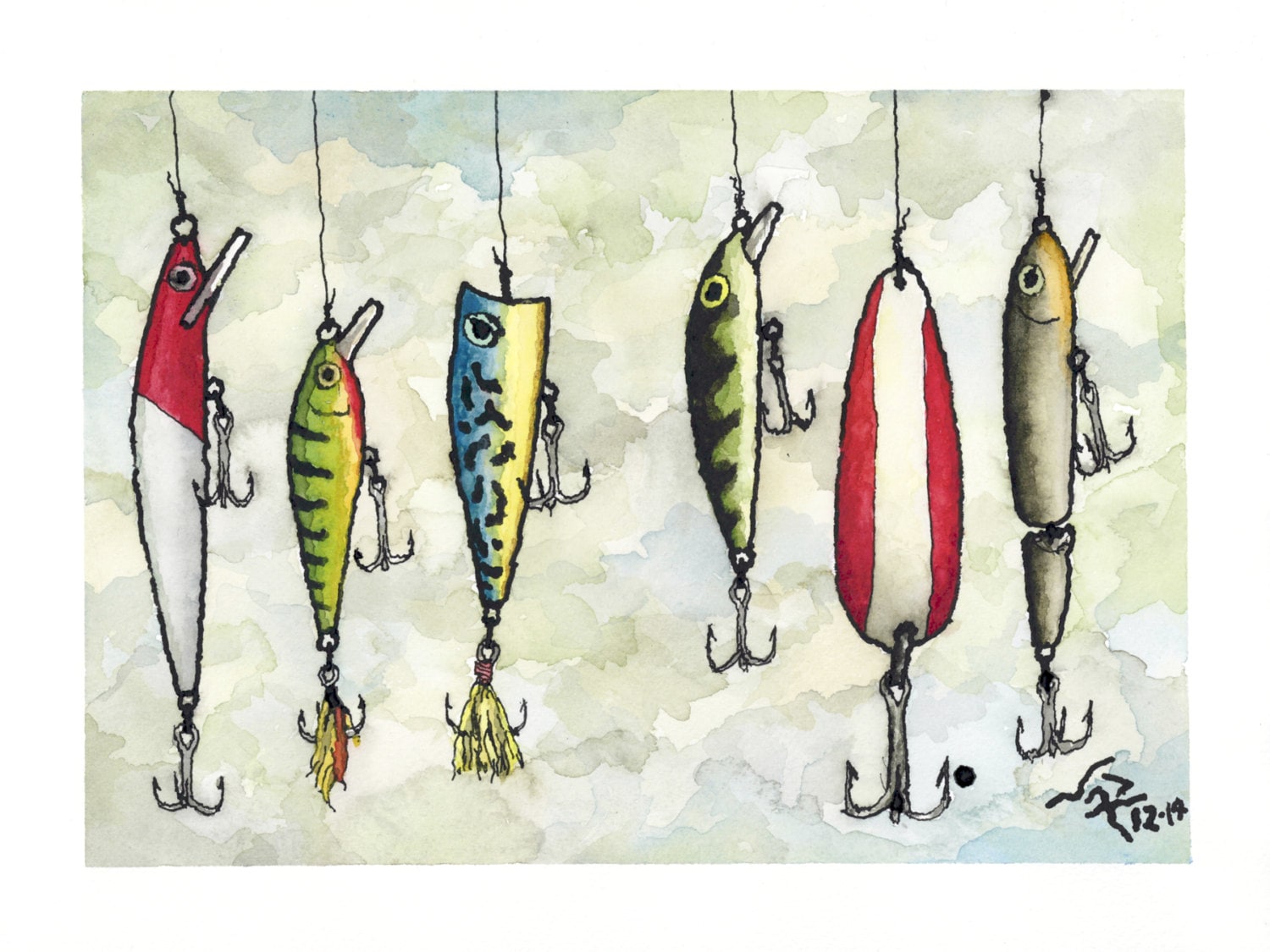 Art Print // FISHING LURES Ink & Watercolor
