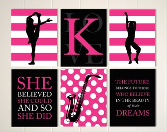 Cheerleader wall art, hip hop wall art, saxophone wall art, girls room wall art, inspirational girls wall art, set of 6