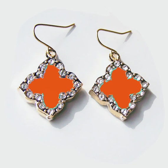 Items similar to Clover Drop Earrings - Red / Gold / Rhinestones on Etsy