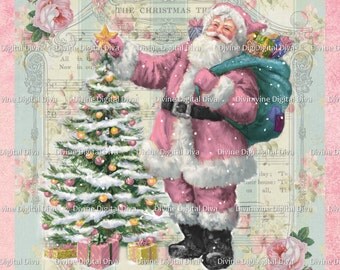 Vintage Christmas Pink Santa Claus With Roses Digital Images Png 