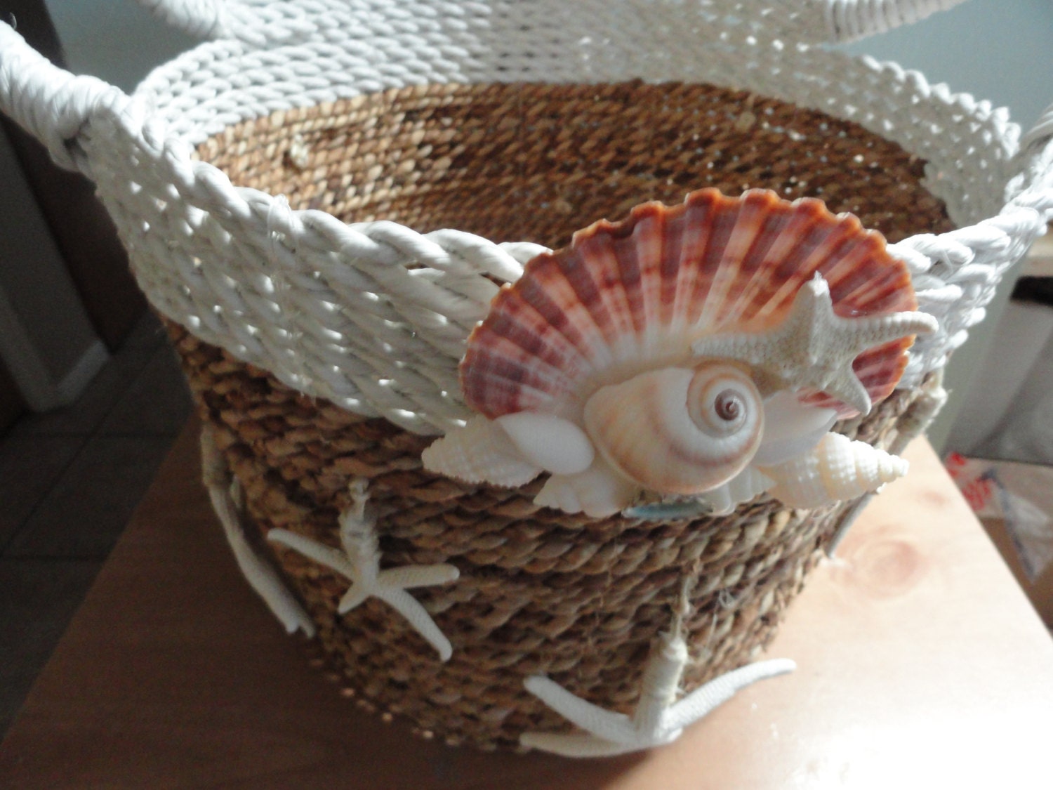 Seashell embellished basket nautical basket by TheSeaBiscuit