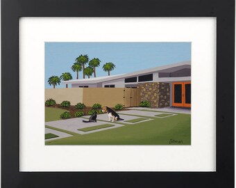 Mid Century Modern Eames Retro Print from Original Painting Beagle Cat Palm Springs House