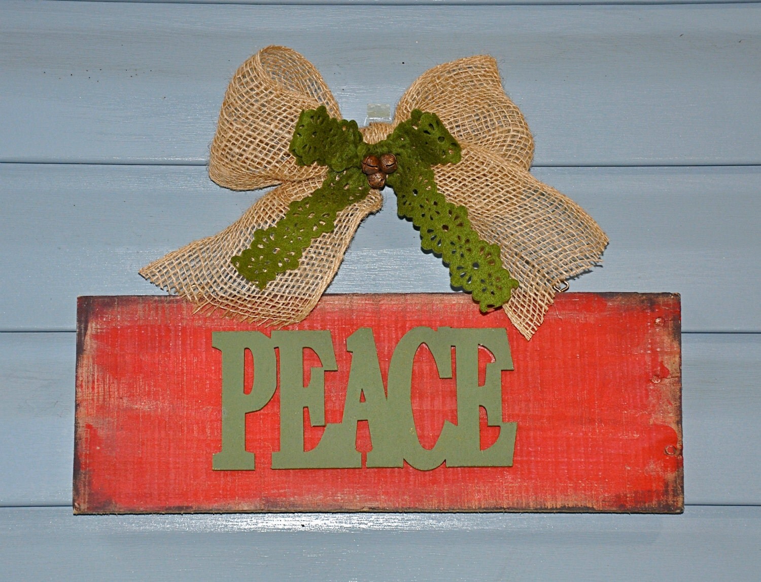 Reclaimed Wood "Peace" Sign with Burlap Bow and Vintage Jingle Bells, Holiday Decor Door Hanger, Christmas Decor