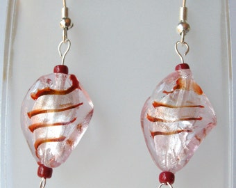 Drop earring, "Candy Cane", foil lined glass beads on silver wire