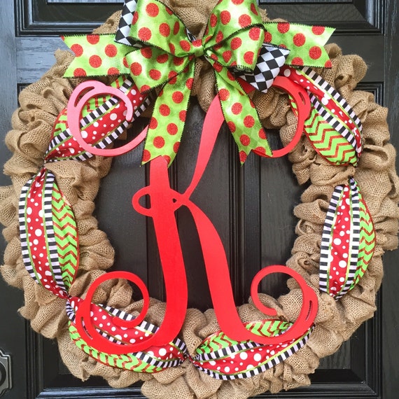 CHRISTMAS // LARGE burlap wreath // large monogram letter