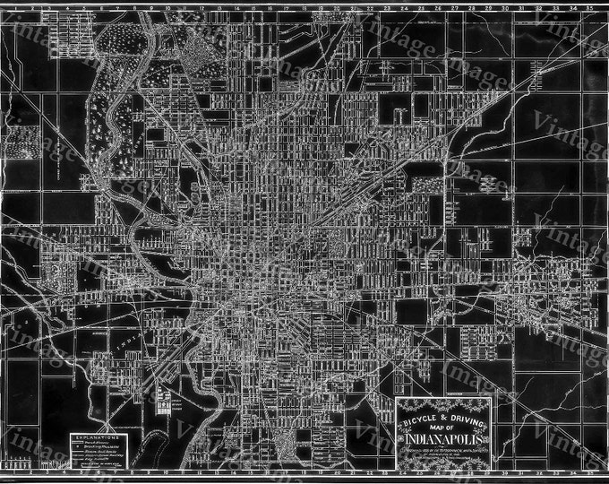 Large Black & White Map of Indianapolis 1899 vintage Indianapolis Bicycle and Driving Map Restoration Hardware Blueprint Style wall Map
