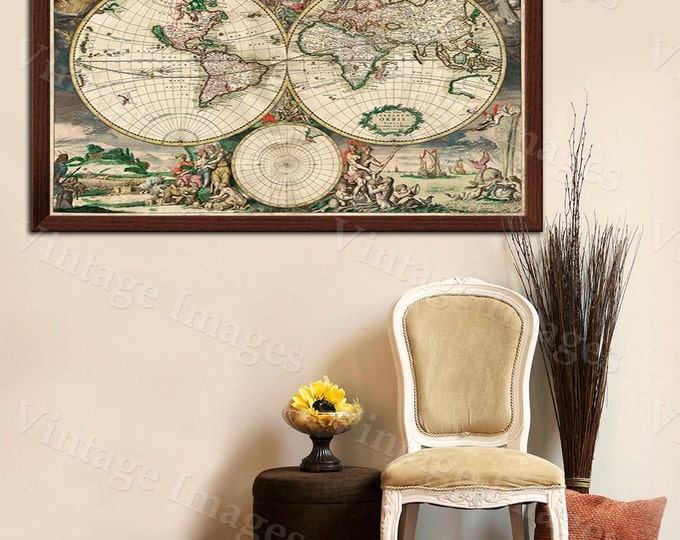 Giant Old World Map VINTAGE Map HISTORIC 1689 Antique Amsterdam Copper Plate Style Map Fine Art wall map home decor