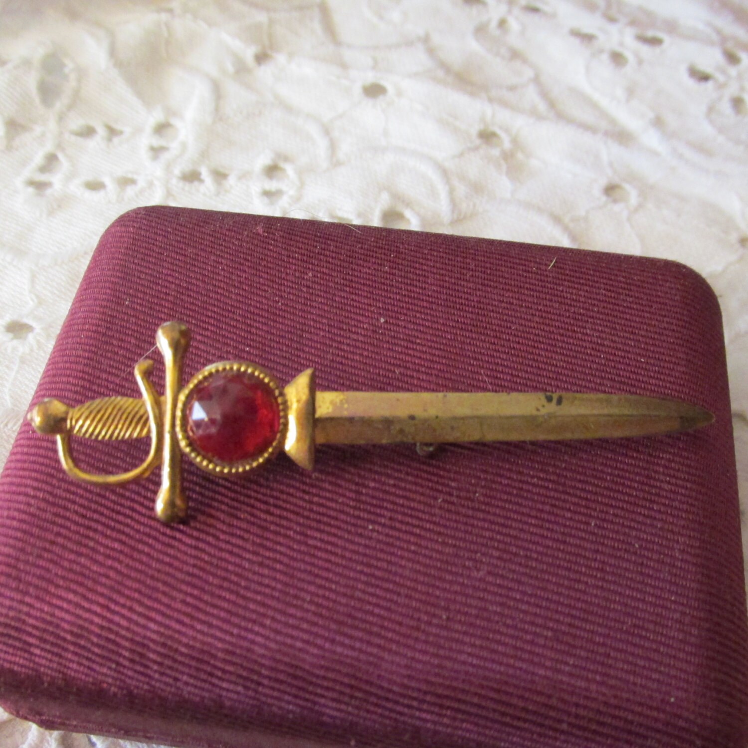 Vintage SWORD TIE PIN with Red Lucite Stone marked Broadcast N
