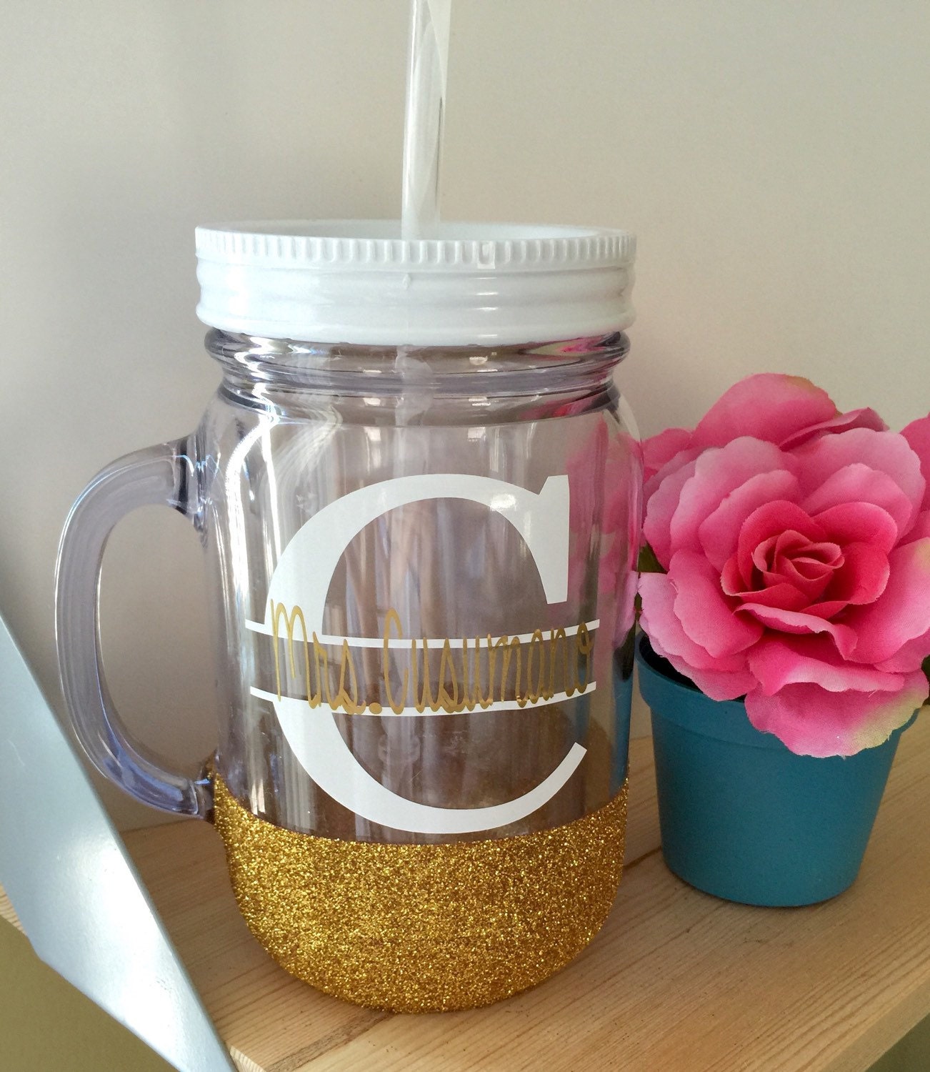 Custom Glittered Acrylic Mason Jar Tumbler// Mrs. // Split