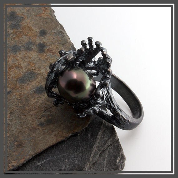 Black Tahitian, Tahitian Pearl, Pearl Ring, Statement Ring, Handmade 