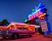 Blue Swallow Motel Route 66 New Mexico Fine Art Photography Pontiac Neon Sign Photography. Aluminum Print